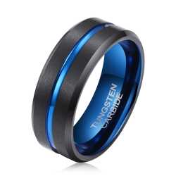 Men's Blue Groove Matte Black Tungsten Ring OY-R-091 - 14