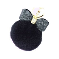 Raylans Fluffy Rex Rabbit Fur Leather Bow Pompom Ball Handbag Pendant Key Chain Keyring Black