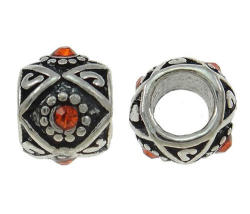 European Style - Antique Silver - Flower - Carved Pattern Charm Beads - Red Rhinestone - 10x8mm