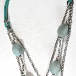 Atenea Handmade Natural Amazonite & Pale Green Leather Necklace With Stainless Steel Chain