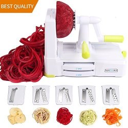5-BLADE Spiralizer Vegetable Spiral Slicer Spaghetti Noodle Pasta Maker Fruits And Veggies Slicer For Low Carb paleo gluten-free Meals With Labeled Blades And Storage Box Long-handle