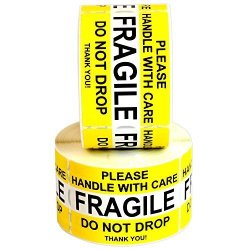Fragile Please Handle With Care Do Not Drop Label Stickers 2" X 3" 1000 Labels 2 Rolls X 500 Waterproof Bright Yellow By Milcoast