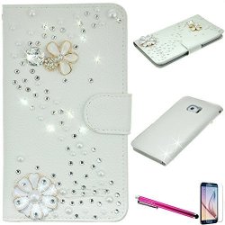 S6 Case Galaxy S6 Wallet Case Caselo Glittery White 3D Bling Flip Pu Leather Cover With Maganetic Closure For Samsung Galaxy S6 Build-in With