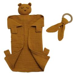 Cotton Teddy Comforter And Wooden Bunny Teether - Rust