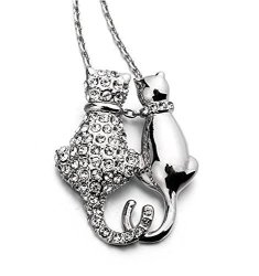 Silvertone Austrian Crystal Snuggling Two Cats Pendant Necklace