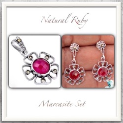 Enchanting Ancient Art Marcasite 2.57 Cts Natural Royal Ruby Pendant & Ear .925 Sterling Silver