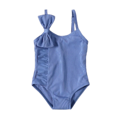 Baby Girl Solid Ribbed Spaghetti Strap Bowknot Ruffle One-piece Swimsuit
