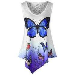 Fashion Totod Womens Looselace Asymmetrical Butterfly Ombre Color Print O-neck Vest Tank Tops XL White