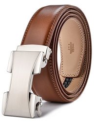 Fire Kirin Men's Leather Ratchet Dress Belt- Length Is Adjustable - Delicate Gift Box Waist SIZE:26-36" Tan Strap&silver Buckle