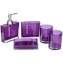 Yosoo 5 Pcs Bathroom Accessory Set Luxury Bath Vanity Set With Toothbrush Holder Containe Tumble Soap Dish Liquid Soap Lotion Pump Dispenser Purple