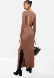 Luxe Knit Column Maxi Dress With Cut-out Back - Cognac