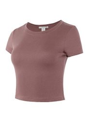 Basic Ribbed Short Sleeve Rayon Crew Neck Fitted Crop Top Tee Coco Rose L