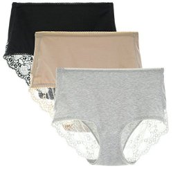 Women's Liqqy 3 Pack Comfort Cotton Lace Coverage Full Rise Briefs Underwear Medium Assorted