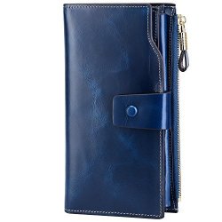 S-zone Women's Rfid Blocking Large Capacity Genuine Leather Clutch Wallet Ladies Purse Card Holder Organizer Blue