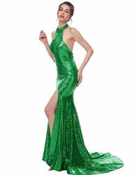 Women's Halter Sequin Prom Dress Floor Length With High Split Open Back Evening Party Gown Green Size 4