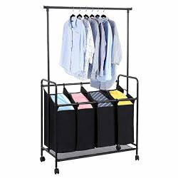 Jkred Heavy-duty Trolley Type 4-BAG Rolling Laundry Sorter With Detachable Hanging Bar Lockable Universal Wheel Clothing Storage Sorter Cart 42.5" X 17.7" X 66.9" Fastest Shipping From Usa