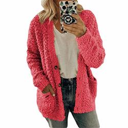 Women's Casual Long Sleeve Cardigan Solid Color Button Pocket Sweater Pink S