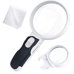 IMagniphy LED Illuminated Magnifying Glass Set. Best Magnifier With Lights For Seniors Macular Degeneration And Hobbyists 2-LENS 10X + 5X