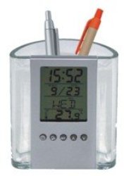 Transparent And Silver Pen Holder With Alarm Clock Calendar An