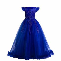 Flower Girls Dress Bridesmaid Wedding Pageant Party Princess Communion Floral Boho Vintage Lace Dance Maxi Gown For Kids Royal Blue 5-6 Years