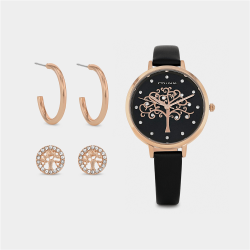 Womens Rose Plated Black Leather Tree Of Life Watch & Earrings Set