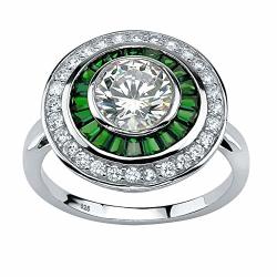 Platinum Over Sterling Silver Round Cubic Zirconia And Baguette Green Simulated Emerald Halo Ring Size 5