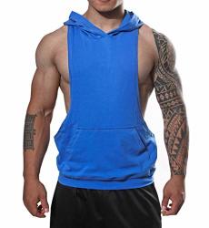 Manstore Mens Workout Hooded Tank Tops Sleeveless Muscle Gym Hoodies With Kanga Pocket Blue M