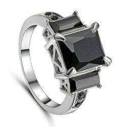 Black Sapphire Lady's Ring White Rhodium Plated Party Jewelry Size 9 r