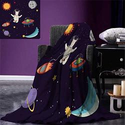 Explore Digital Printing Blanket Hand Drawn Deer Astronaut In Space With Sun Moon Shooting Star And Alien Planet Summer Quilt Comforter 80"X60" Multicolor