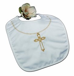 Christening Bib With Embroidered Gold Cross - Large