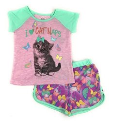 WONDER Nation Girls Graphic Short Sleeve Top And Shorts 2-PIECE Pajamas Unicorn Cat Dog Mermaid Styles Medium 7 8 Cat Naps