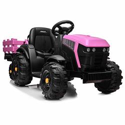 Joymor Ride On Tractor With Trailer 12V Rechargeable Battery Agricultural Vehicle Toy With 2 Speed Electric Rugged Truck For Kids Toddler With Rear Bucket