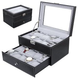 20 Grids Watch Display Case Nasion.v Lockable Watch Storage Jewelry Organizer Box With Black Pu Leather