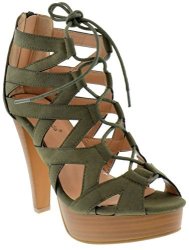 Top Moda Table 8 Peep Toe High Heel Lace Up Strappy Pumps Olive 10