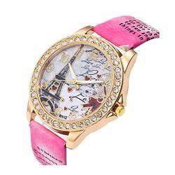 Women's Wrist Watch Vintage Paris Eiffel Tower Crystal Leather Quartz Wristwatch Best Gift Hot Pink