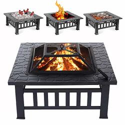Suncoo Fire Pit 32 Inch Metal Square Patio Backyard Fire Pits Outdoor Versatile Garden Terrace Fire Bowl Heater bbq ice Pit W cover Log Grate And Poker