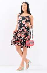 Ladies Short Strappy Tiered Dress - Black Floral - Black Floral XS