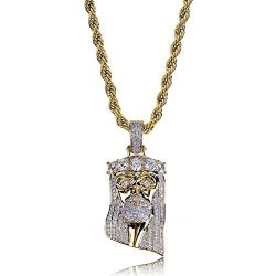 Topgrillz Men 14K Gold Plated Iced Out Cz Simulated Diamond Big Stones Crown Jesus Piece Pendant Necklace With Stainless Steel Chain Hip Hop 5 Big Stones