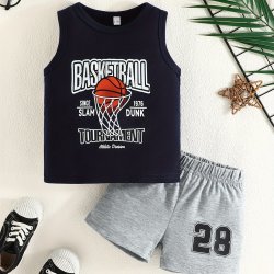 2PCS Baby Boys' Summer Basketball Print Sleeveless T-Shirt And Shorts Set Casual Athletic Style For Toddler Navy & Grey Outfit