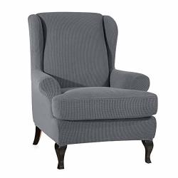 Chun Yi 2-PIECE Stretch Jacquard Spandex Fabric Wing Back Wingback Armchair Chair Slipcovers Light Gray Wing Chair