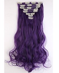 S-noilite 24 Inches Long Curly Full Head Clip In Synthetic Hair Extensions 8PCS 170G 24"-CURLY Black Purple
