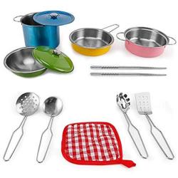 10-PIECE Playset Metal Pots And Pans Kitchen Cookware For Kids With Cooking Utensils Set