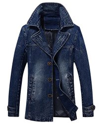 Casual Oberora-men Lapel Single Breasted Denim Jean Jacket Blazer Trench Coat Outerwear Denim Blue XL