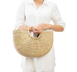 Natural Chic Hand Woven Round Handle Handbags Straw Handmade Summer Bag For Women