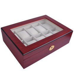 Rosewood Matte Stain Glass Top Wooden 10 Watch 11 L Display Case Rect. Jewelry Box W Gold Accents Lock