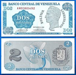 Venezuela 2 Bolivares 1989 Unc Serie Am Emblem Animal South America Banknote