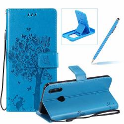 Herzzer Strap Leather Case For Huawei P Smart 2019 Blue Solid Color Stand Flip Case For Huawei P Smart 2019 Premium Elegant Embossed Butterfly
