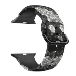 Silicone Strap For Apple Watch 38 40 41MM-BLACK And White Flowers