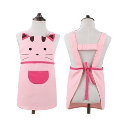 Cute Girls Kids Toddler Cartoom Cat Embroidered Apron Cotton Children Apron Chef Kitchen Cooking Baking Apron For Kids 2-4 Years Old Pink