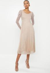 MILLA Plise Shimmer Knit Puff Sleeve Dress With Pleated Skirt - Neutral